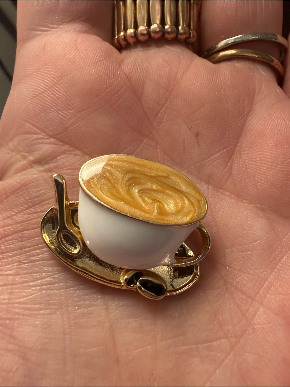 Latte Coffee Cup Brooch Pin Gold Tone Novelty Cute Café Aesthetic